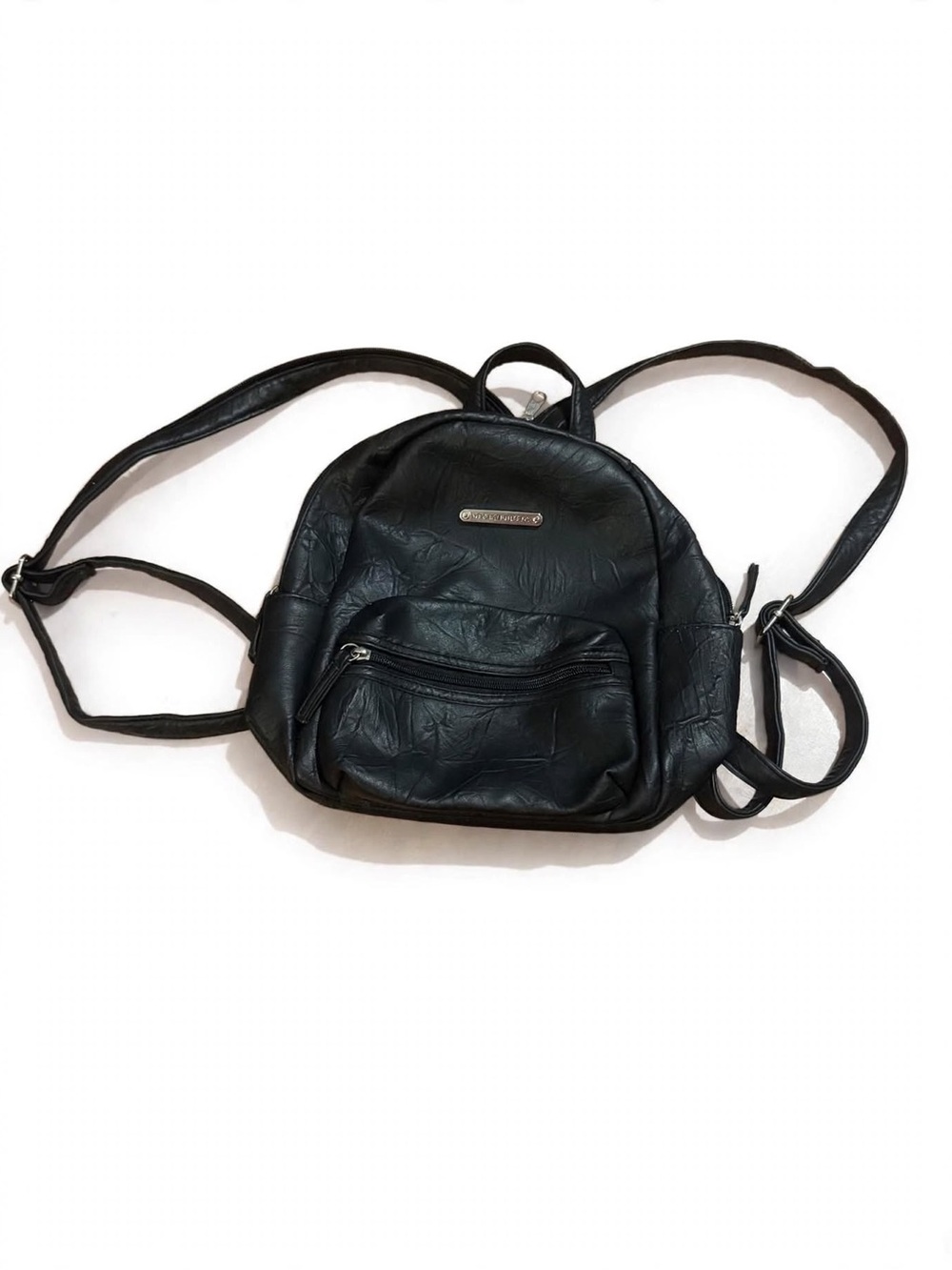 Sleek Black Faux Leather Mini Backpack with Front Zip Pocket